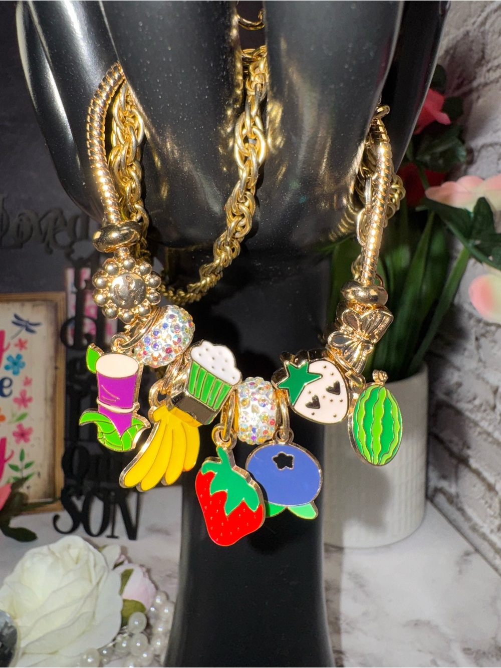 Gold Fruit & Charm Bracelet with Colorful Enamel Charms
